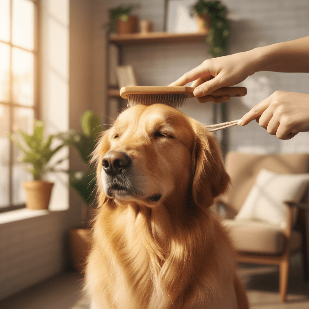 Groomer gently brushing a calm golden retriever