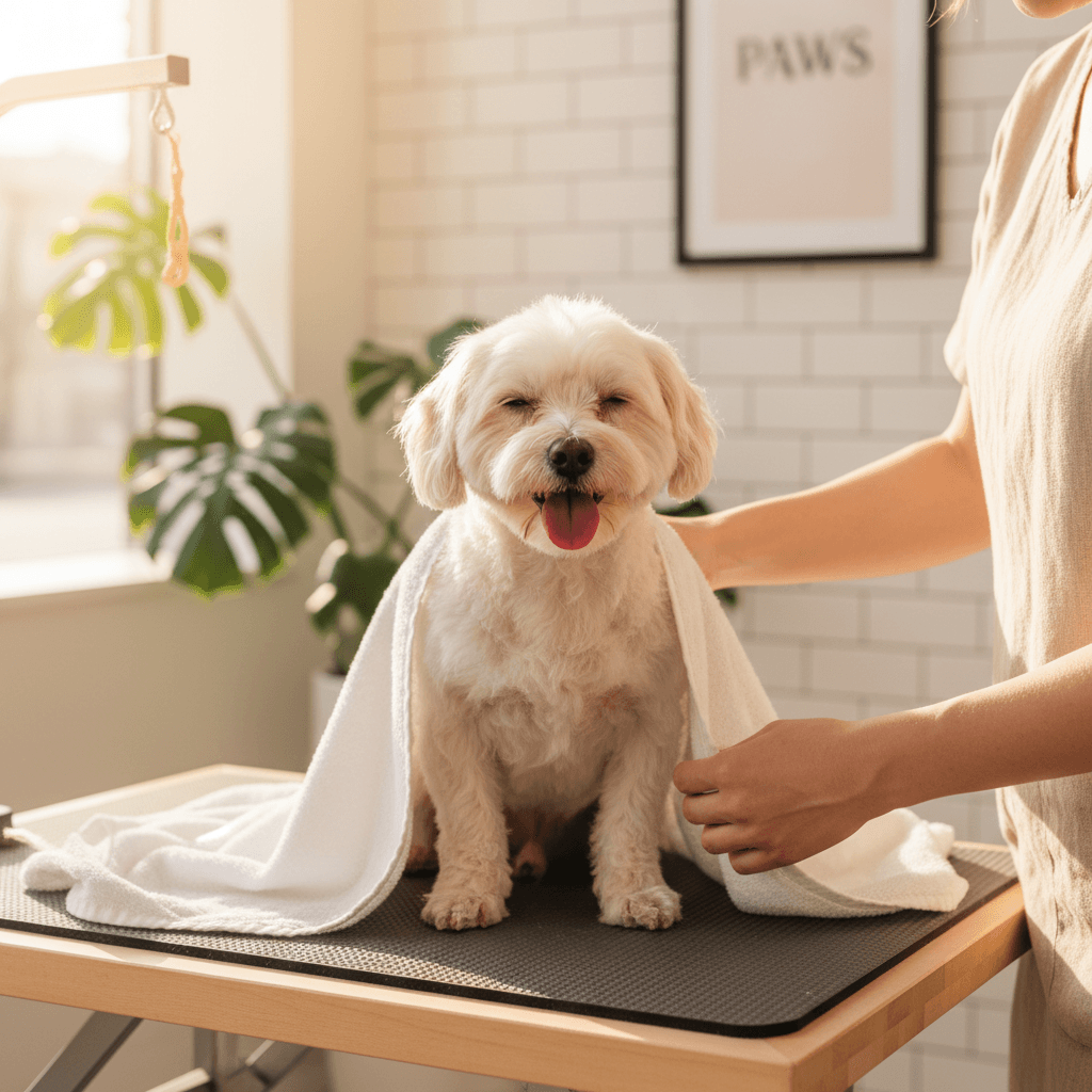 Small fluffy dog freshly groomed on a table