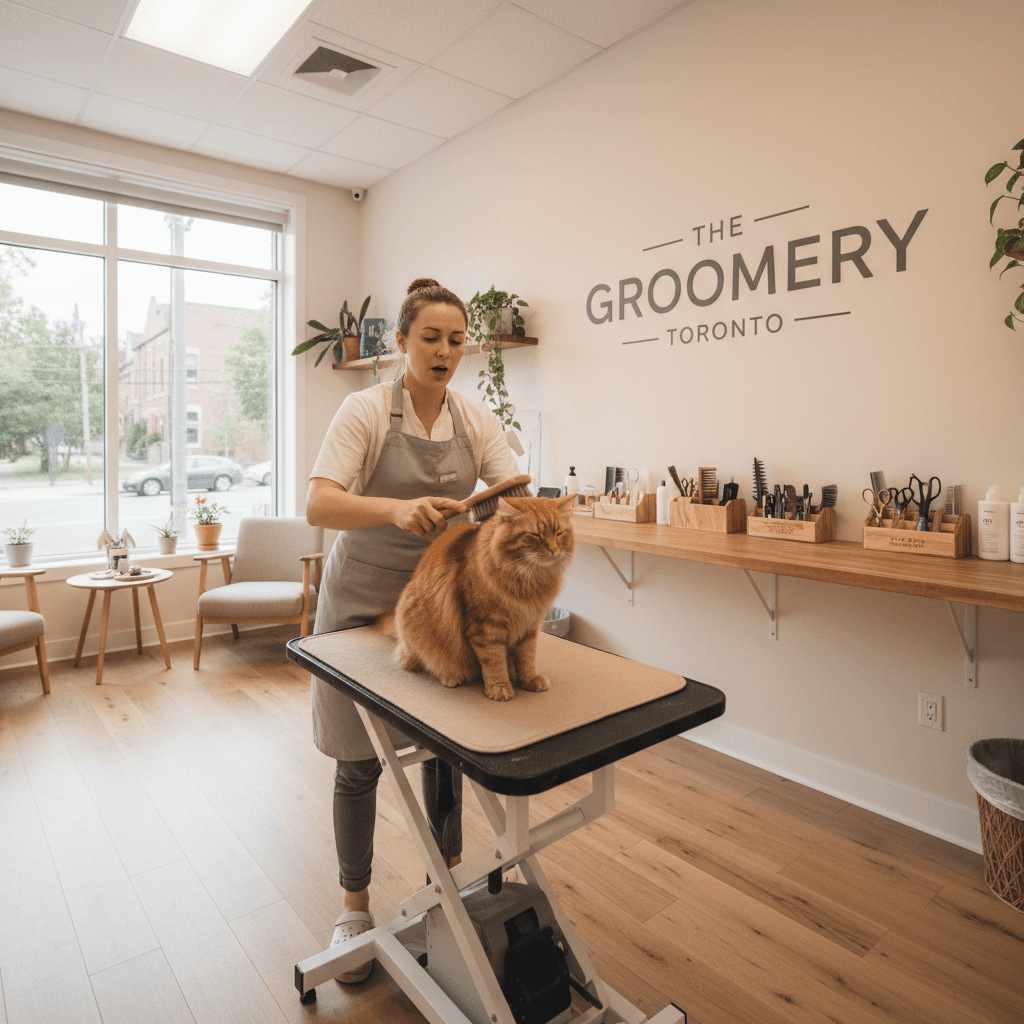 Cat being gently brushed in a bright Toronto grooming studio