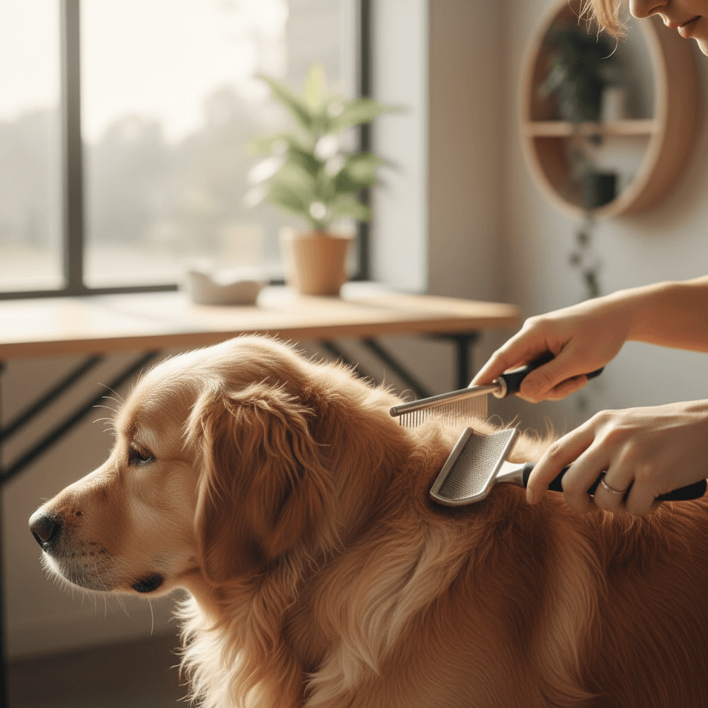 Relaxed golden retriever on a grooming table in a bright salon