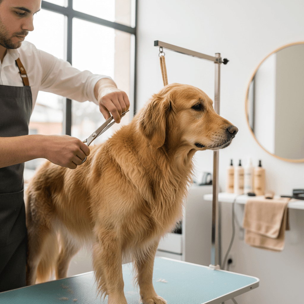 Male groomer trimming a small dog's fur with scissors