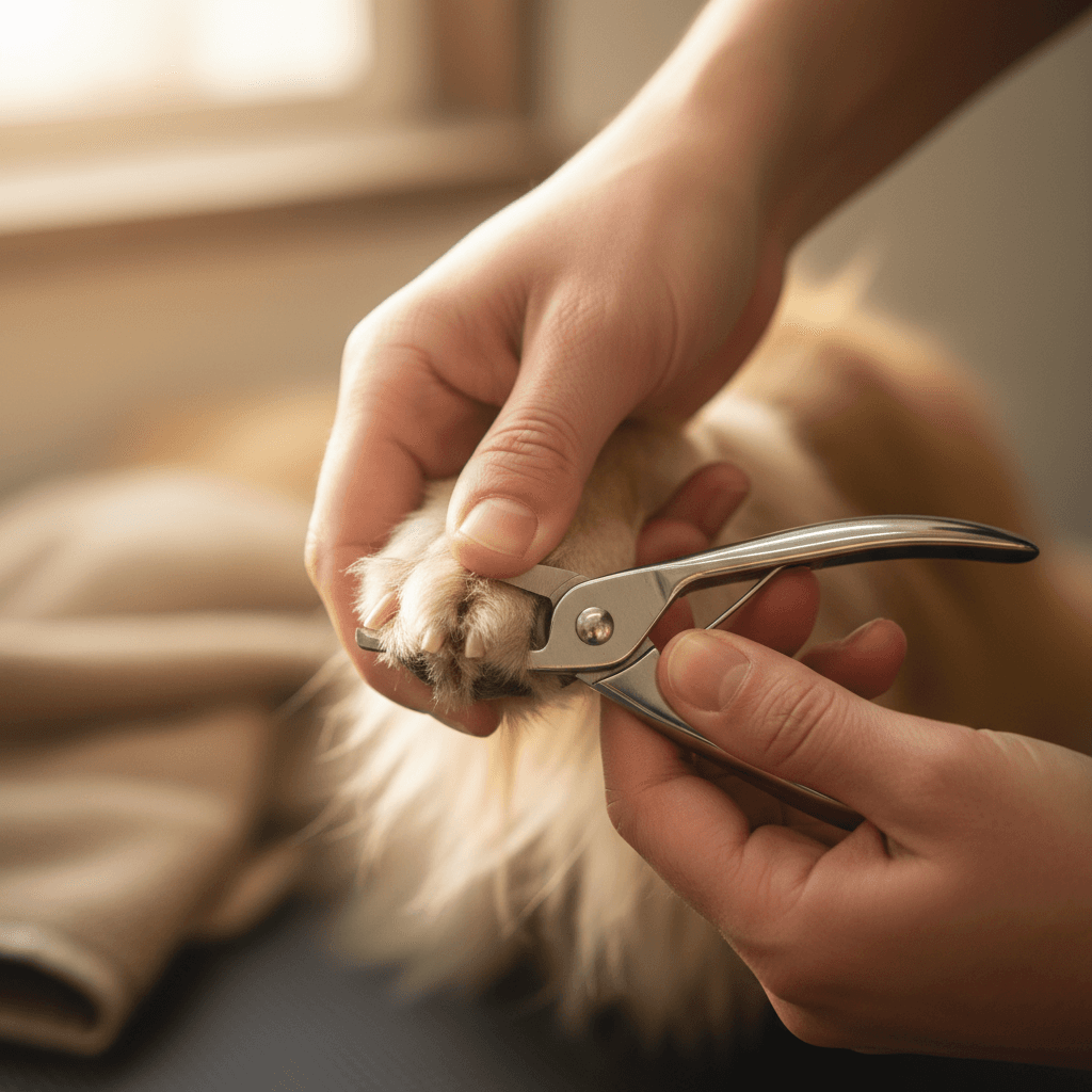Groomer gently trimming a dog's paw fur