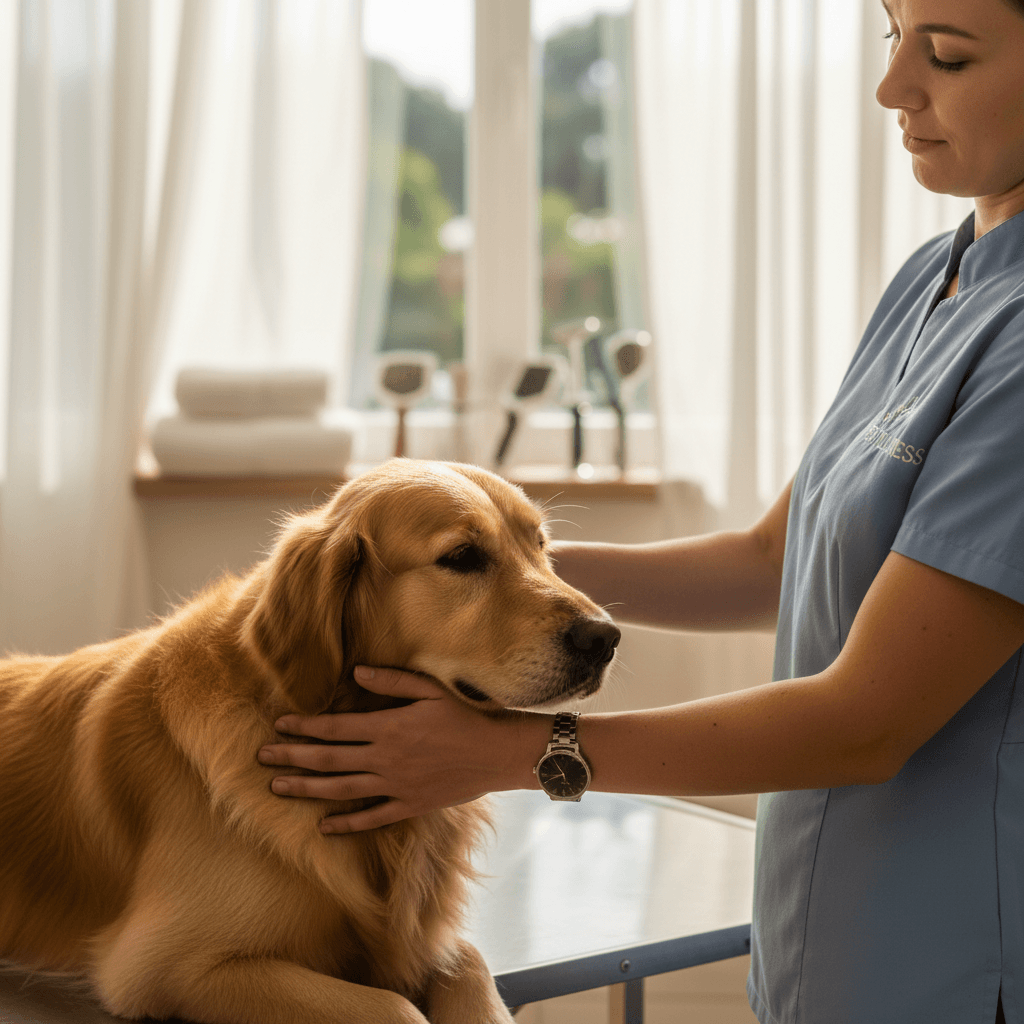 Calm golden retriever during a gentle grooming session