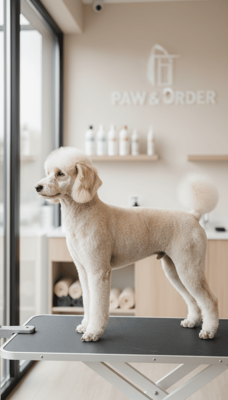 Happy mixed breed dog with an even, neat trim standing on a grooming table