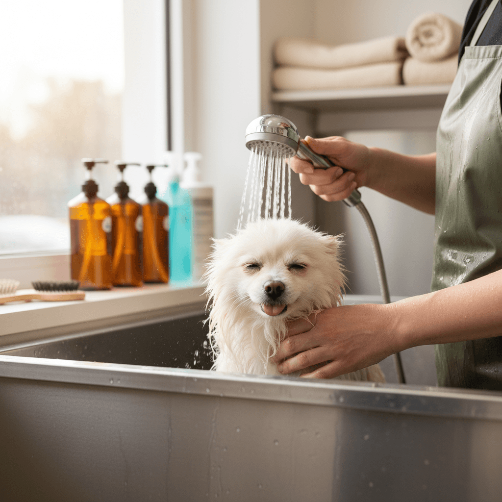 Groomer brushing out tangles on a doodle's coat
