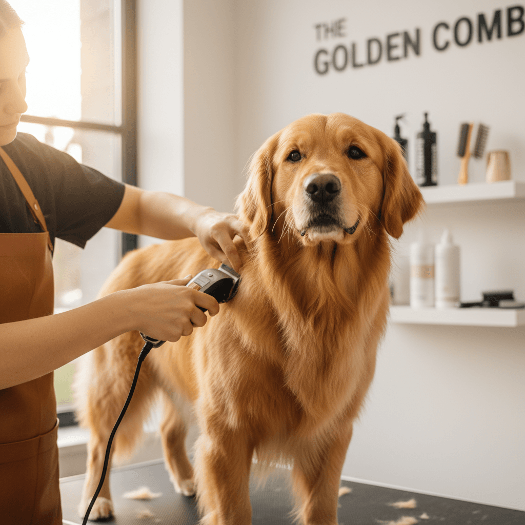 Golden retriever with a freshly groomed fluffy coat sitting calmly on a grooming table