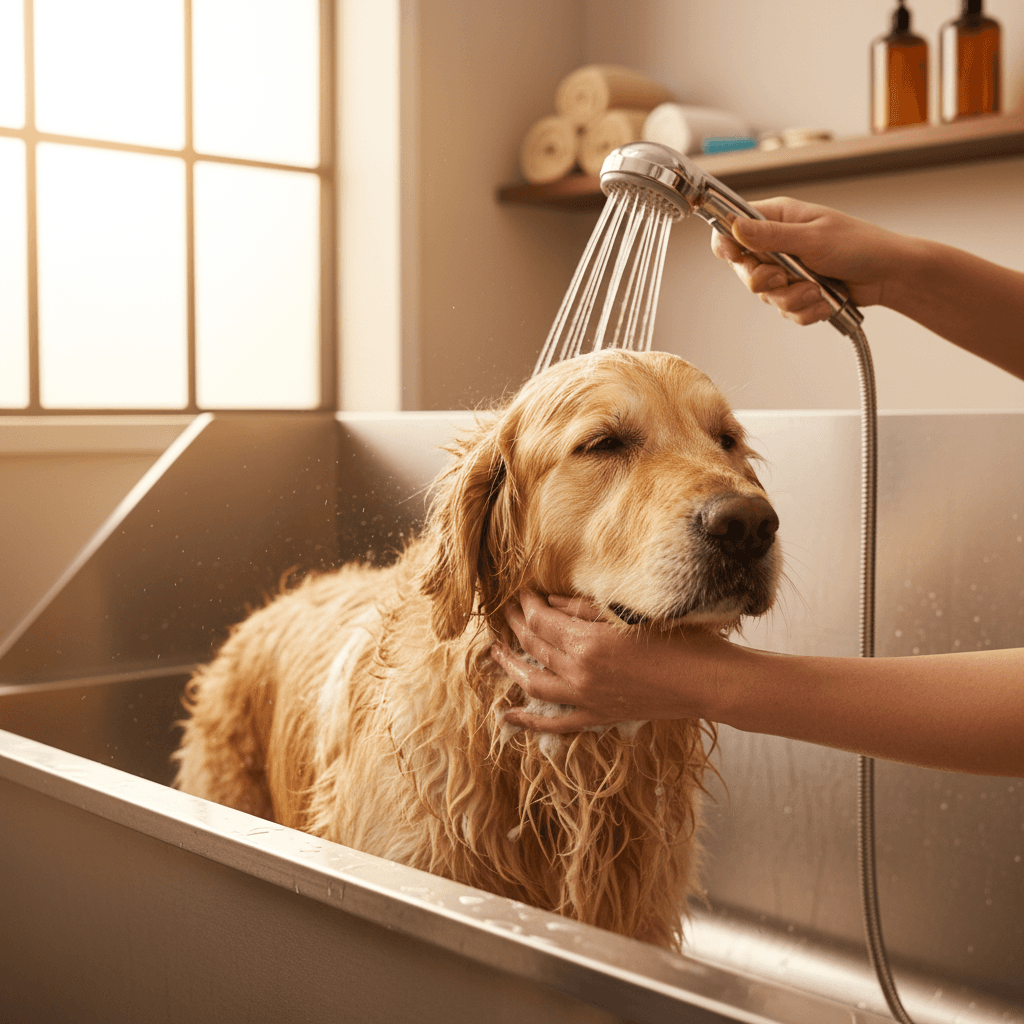 Golden retriever relaxed during a gentle bath